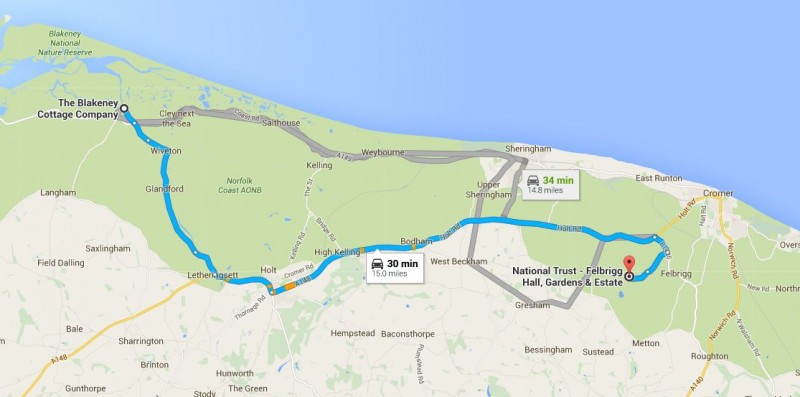 map showing journey from Blakeney Cottage Company to Felbrigg Hall